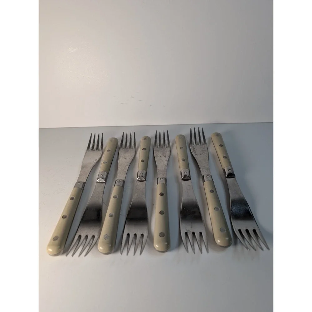 MCM Rowoco Retro Inox Theirs, France 4-Rivet Handles‎ Stainless Forks Set Of 8